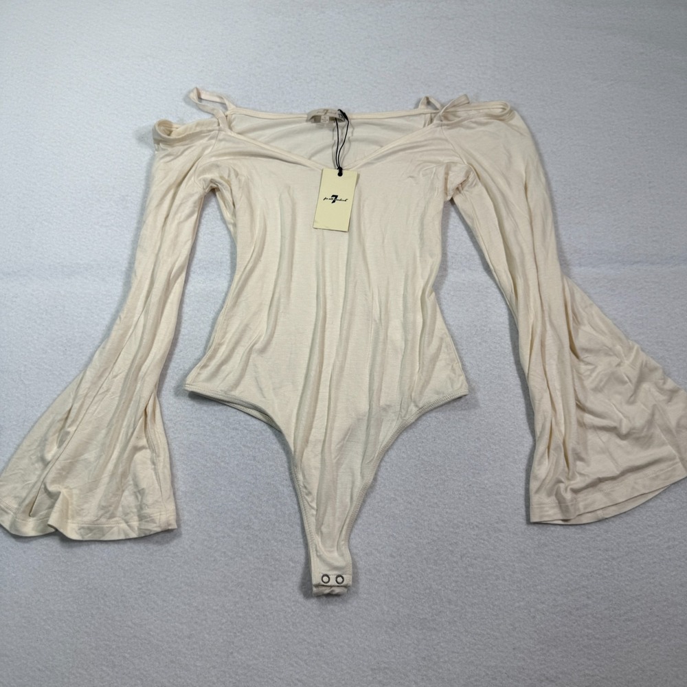 7 For‎ All Mankind Bodysuit Womens S Cream Off Shoulder Flare Sleeve Stretch NWT